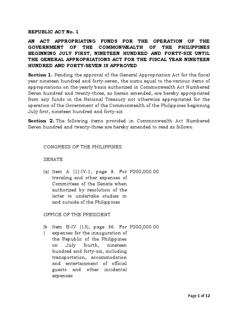 Republic act no 1 an act appropriating funds for the operation of the