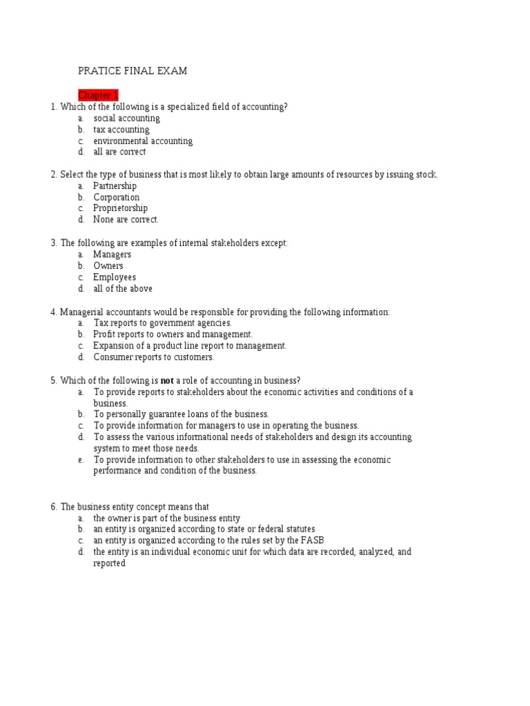 Ac 114 Pratice Final Exam Questions | PDF | Debits And Credits | Equity ...