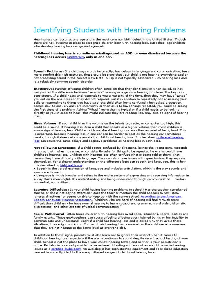 Identifying Students With Hearing Problems Pdf Speech Hearing Loss