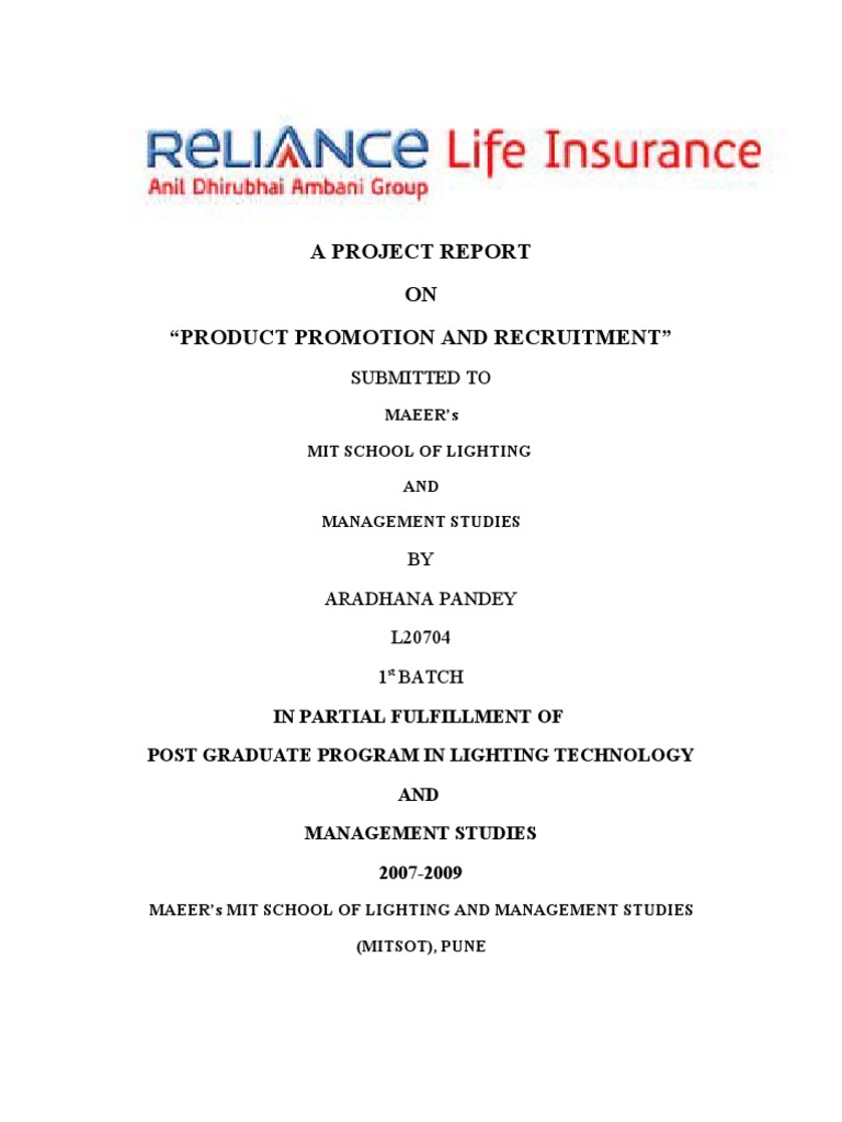 A Project Report On Reliance Life Insurance | PDF | Insurance | Life ...