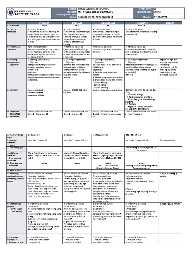 Grade 2 MAPEH Daily Lesson Plan | PDF | Physical Education | Curriculum