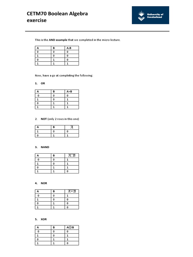 Boolean Algebra Exercise | PDF