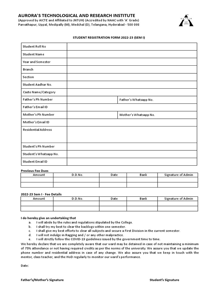 Student Semester Registration Form 202223 PDF