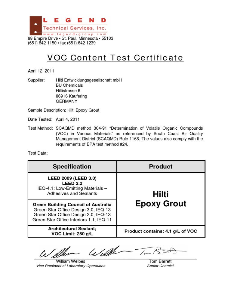 Hilti Epoxy Grout VOC Test Certificate | PDF | Technology & Engineering
