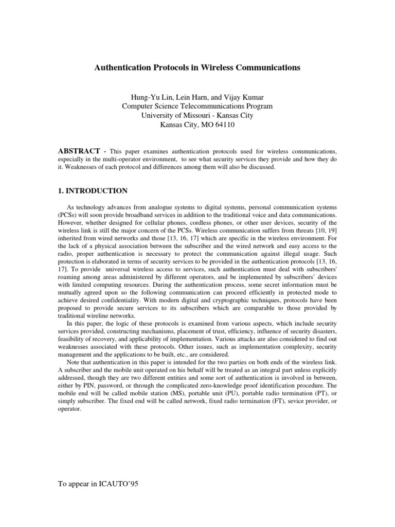 Authentication Protocols in Wireless Networks | PDF | Public Key ...