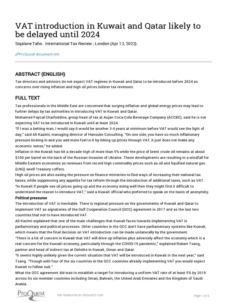 VAT Introduction Kuwait Qatar Delay PDF Gulf Cooperation Council