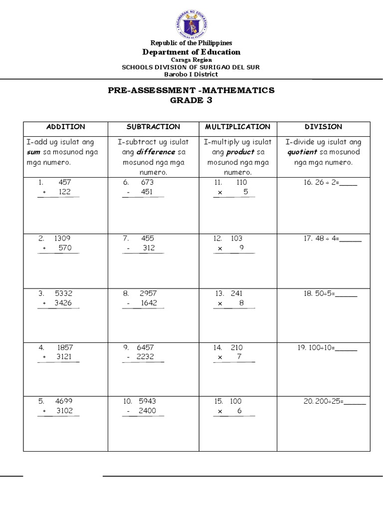 Grade 3 PreAssessmentMath PDF