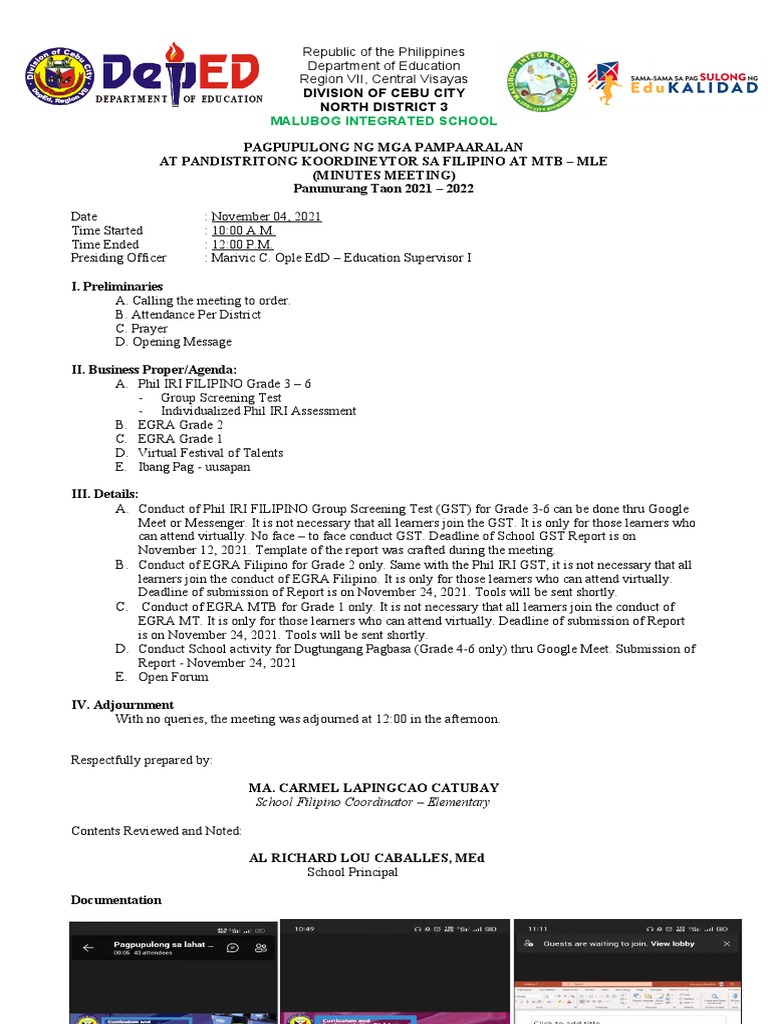 Meeting Minutes: Filipino Education 2021 | PDF | Philippines