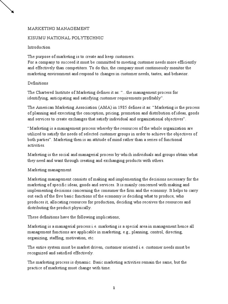 Marketing Management Notes PDF Marketing Strategic Management