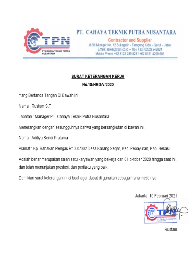 Surat Keterangan Kerja | PDF
