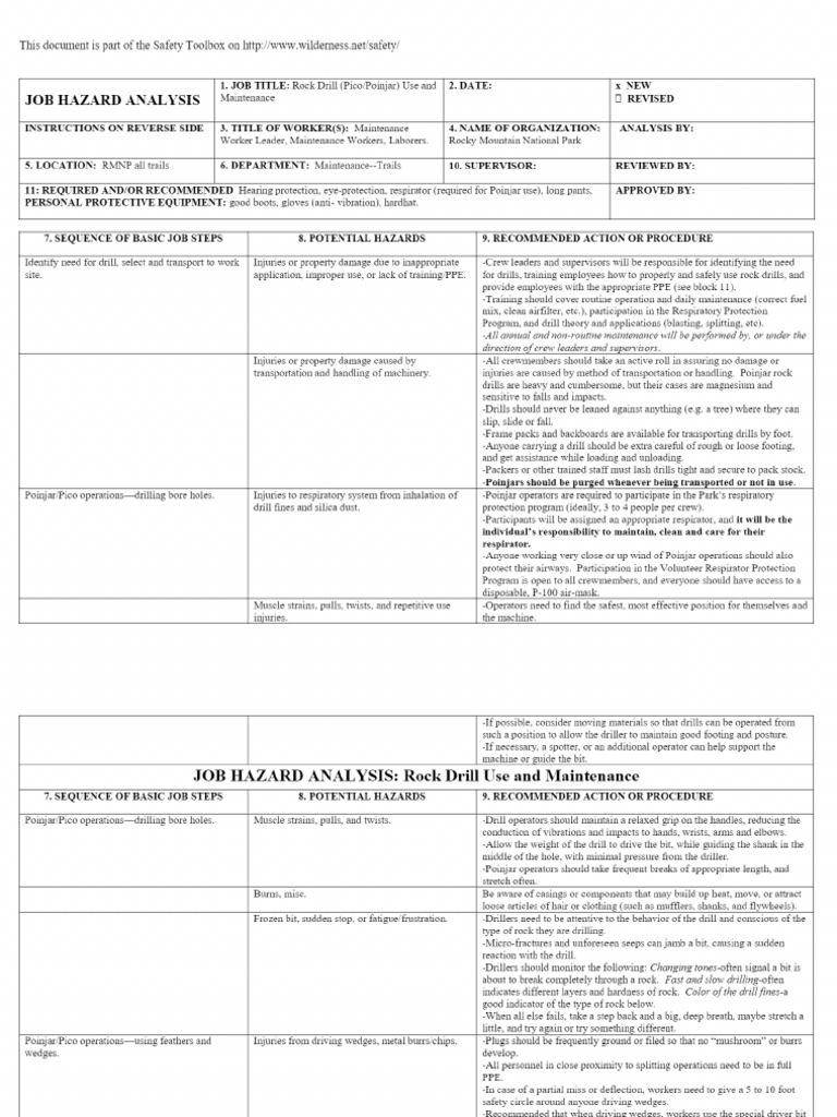 Job Hazard Analysis Rock Drill Use and PDF