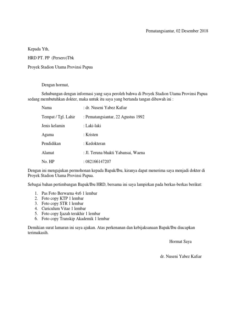Surat lamaran dokter proyek stadion pdf