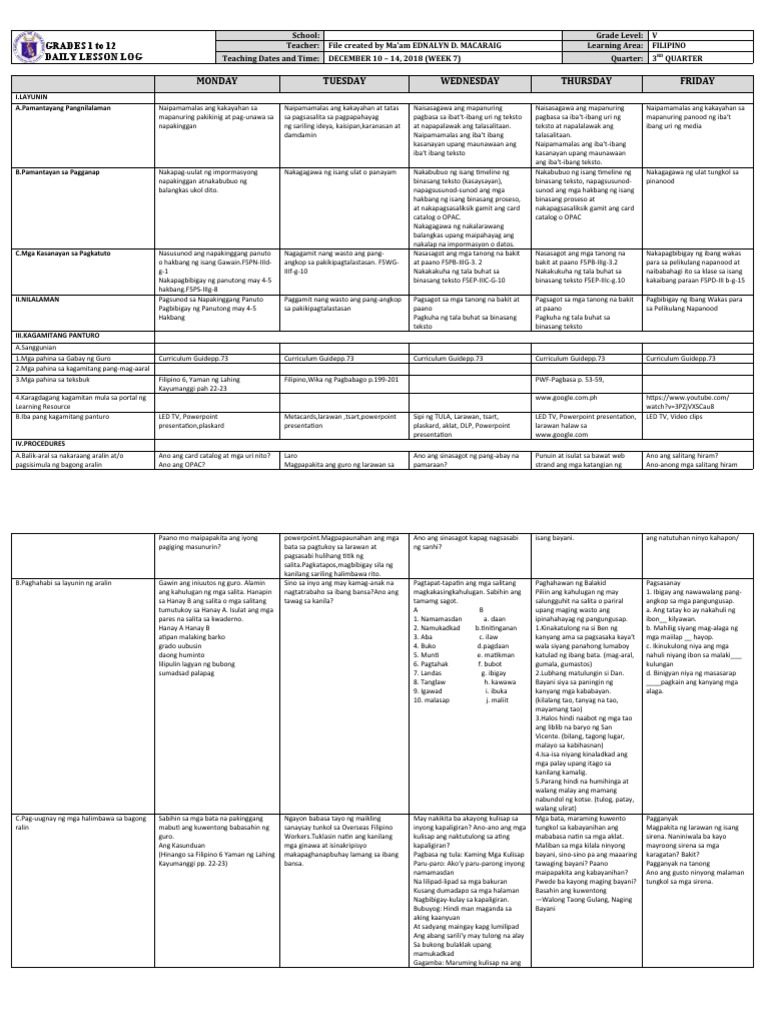 DLL Quarter 3 Week 7 FILIPINO 5 | PDF