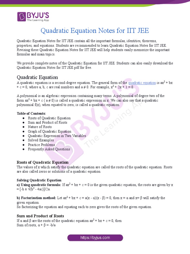Quadratic Equation Notes For IIT JEE | PDF | Teaching Methods ...