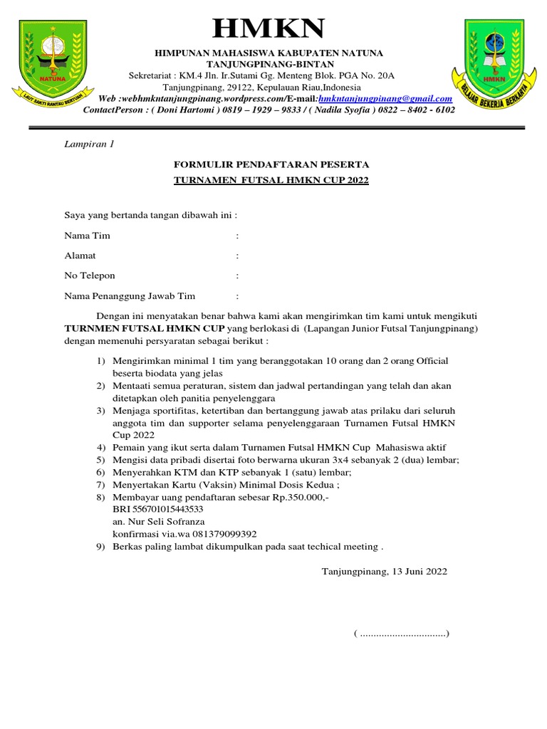 Formulir Pendaftaran Turnamen Futsal HMKN Cup PDF