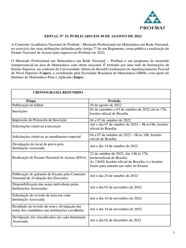 SEGUNDA chamada para vagas do ENA 2023- PROFMAT/UFMS/Campo Grande - Mestrado  Profissional em Matemática em Rede Nacional