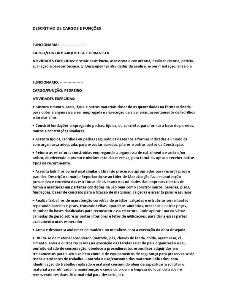 Descritivo De Cargos E Fun es Download Gr tis PDF Argamassa 