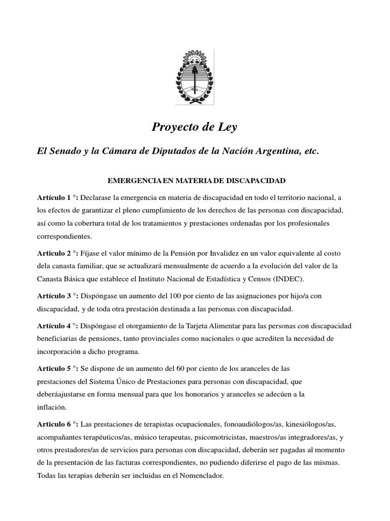 Proyecto Ley Emergencia en Materia de Discapacidad | PDF | Invalidez ...