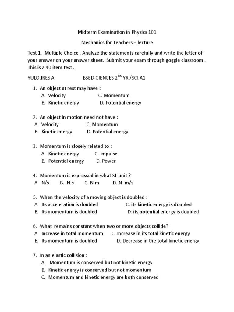 Physics 101 Midterm Exam Review | PDF | Collision | Momentum