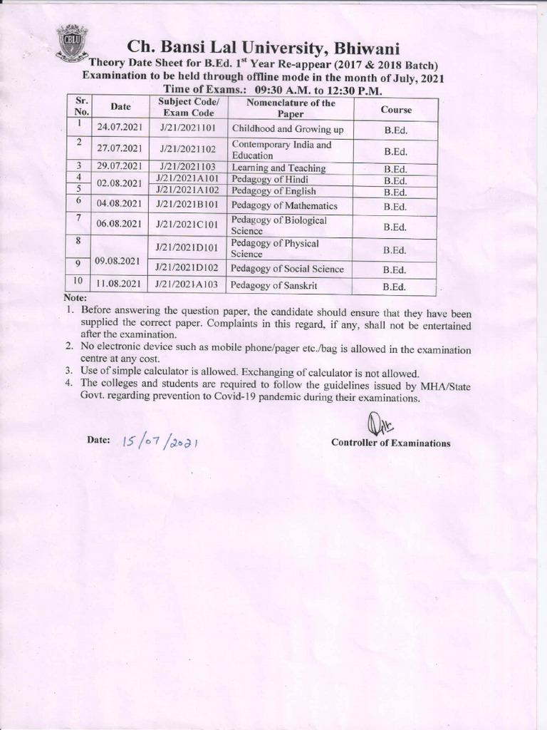 Date Sheet B.Ed 1st and 2nd B.Ed PDF