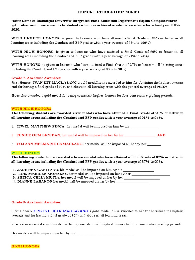 Honors Recognition Script | PDF | Transition Metals | Precious Metals