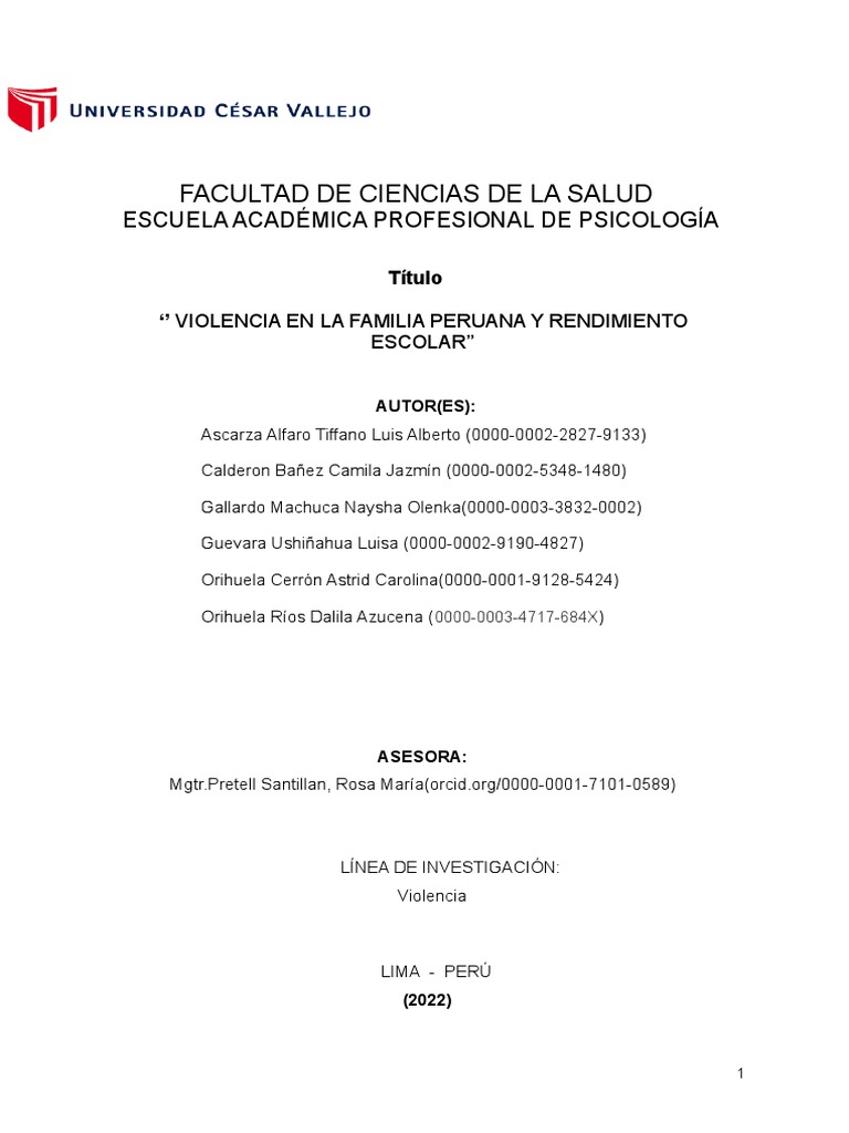 Avance de Violencia en La Familia Peruana y Rendimiento Escolar | PDF ...