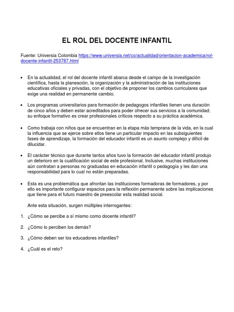 El Rol del Docente Infantil en Educación | PDF | Educación de la ...