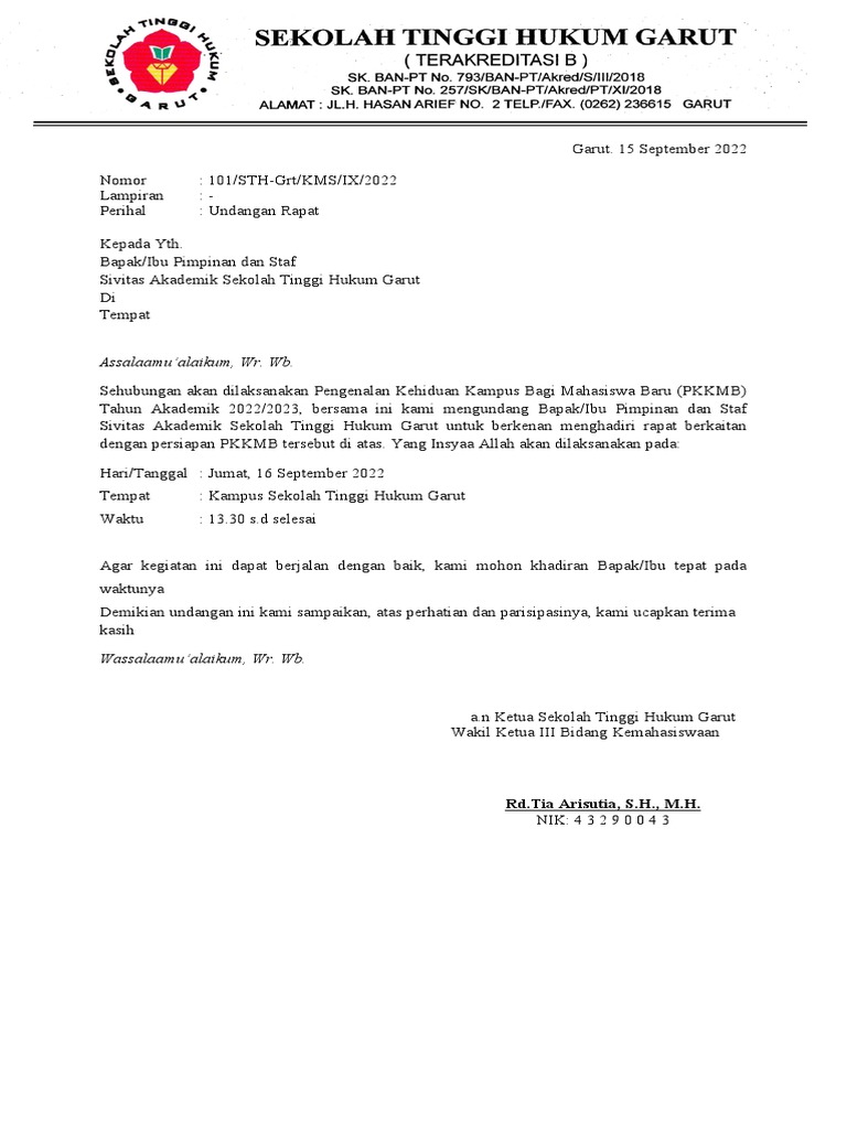 SURAT Undangan Rapat PKKMB | PDF