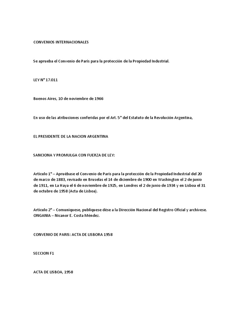Aprobación del Convenio de París 1966 | PDF | Patentar | Marca comercial