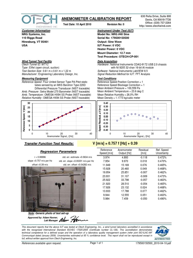 Anemometer Calibration Report Customer Information Instrument Under