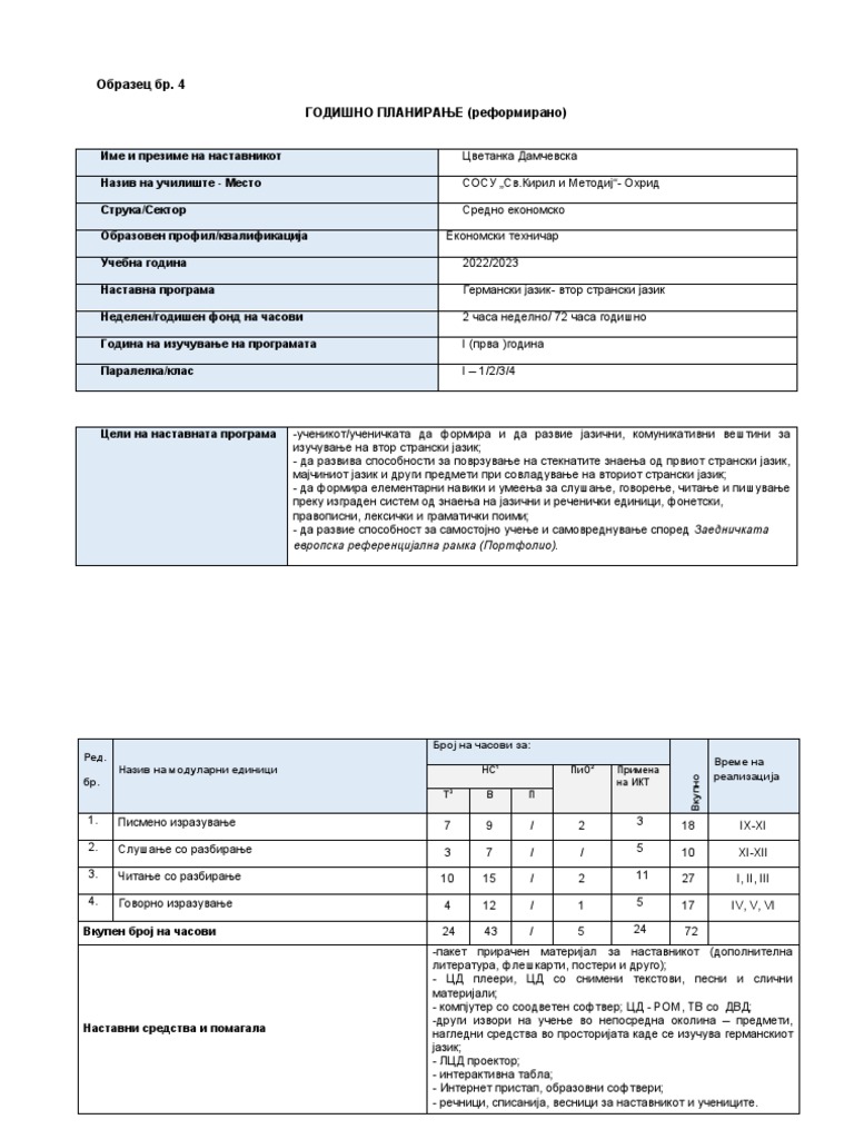 Модуларна наставна програма I година-планирања | PDF