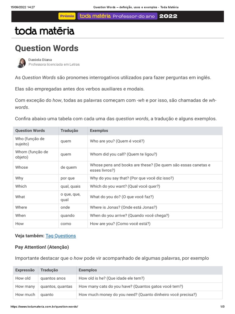 Question Words: Definição e Exemplos | PDF | Gramática | Sintaxe