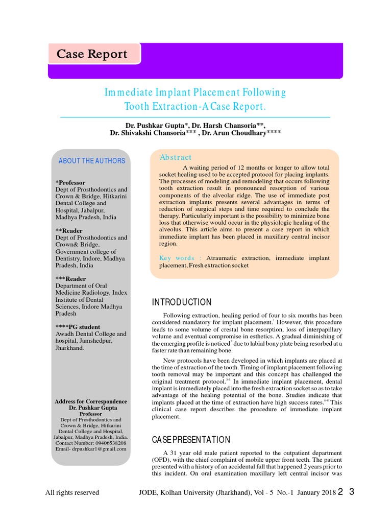 Immediate Implant Placement Following | PDF | Dental Implant | Medicine