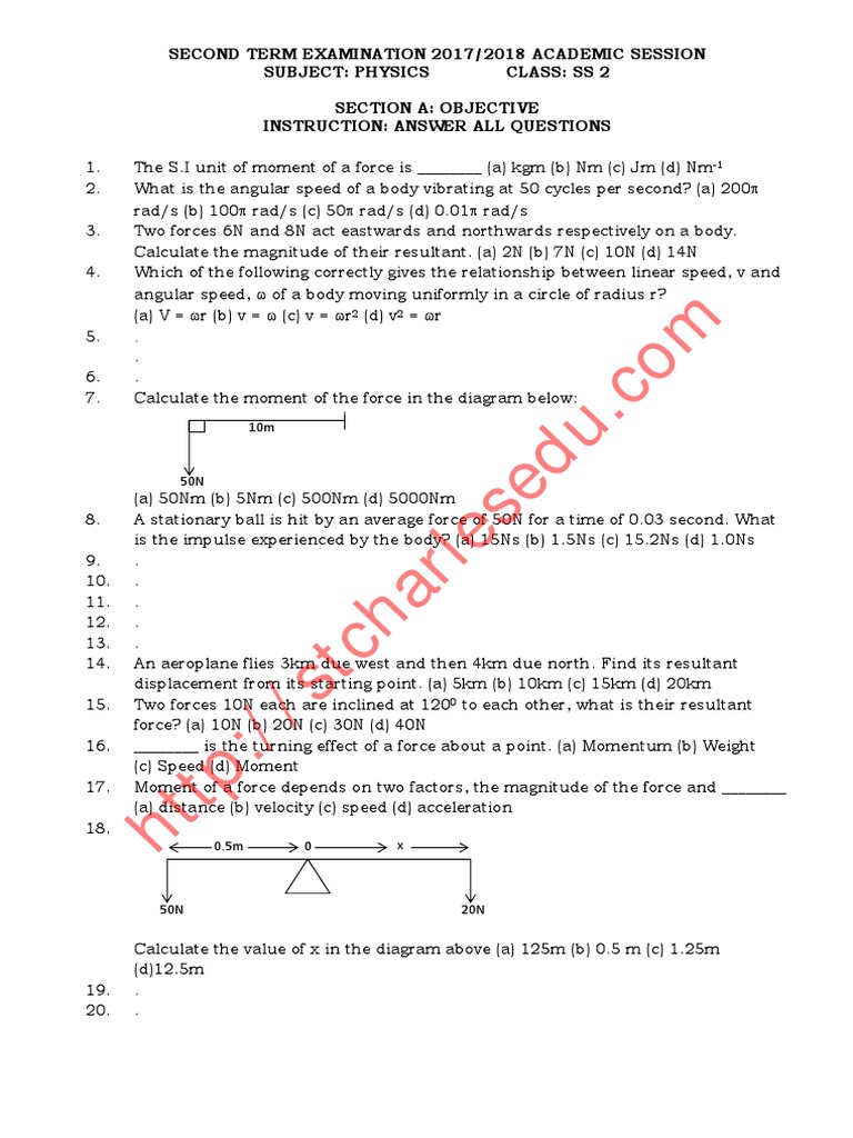 SS2 Physics Exam Questions 2017/2018 | PDF | Force | Acceleration