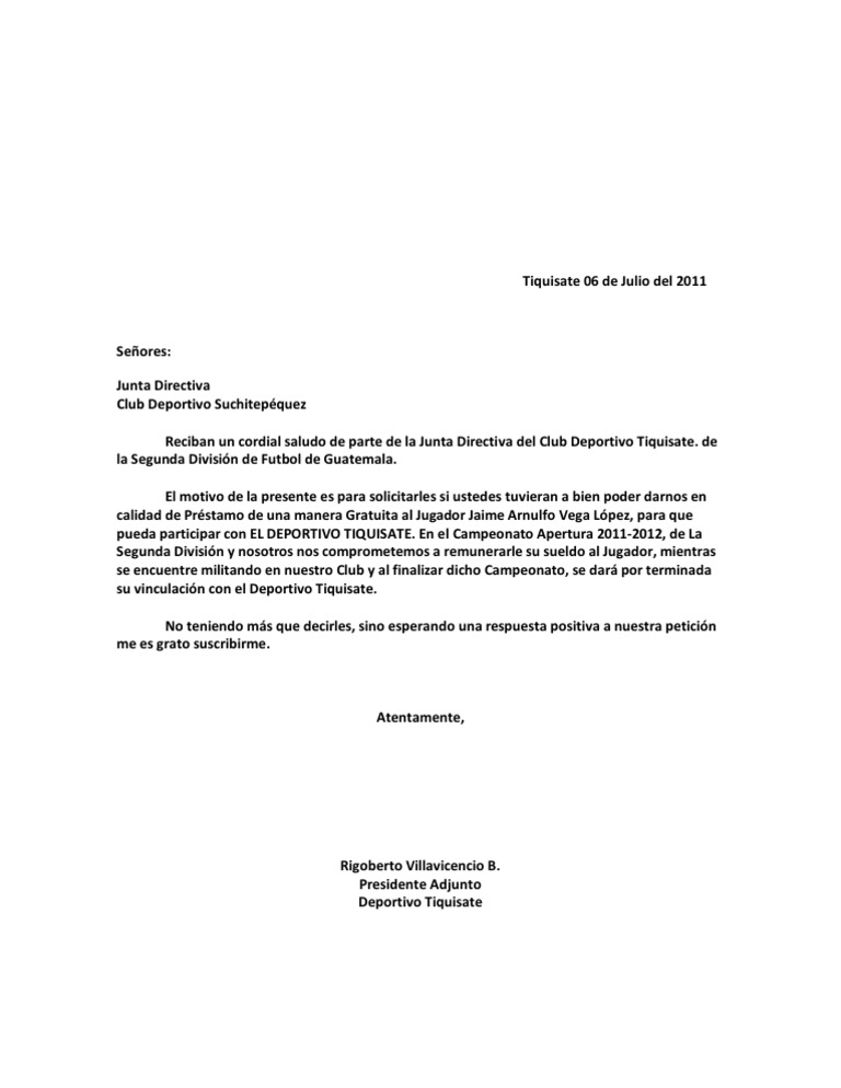 Carta Solicitud de Prestamo | PDF | Asociación de Futbol | Deportes