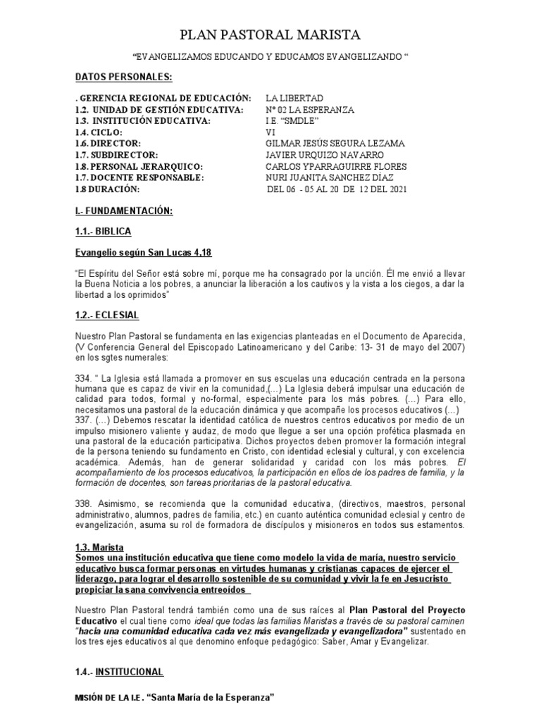 Plan Pastoral Marista | PDF | María, madre de Jesús | Evangelización
