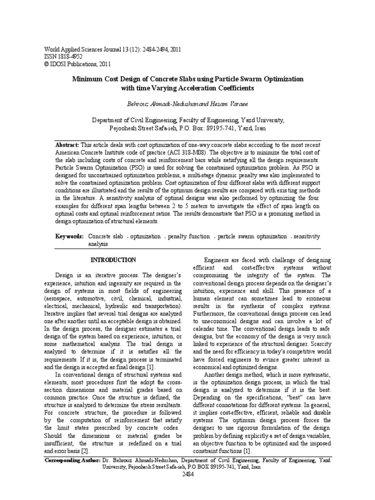 Minimum Cost Design of Concrete Slabs Using Particle Swarm Optimization ...