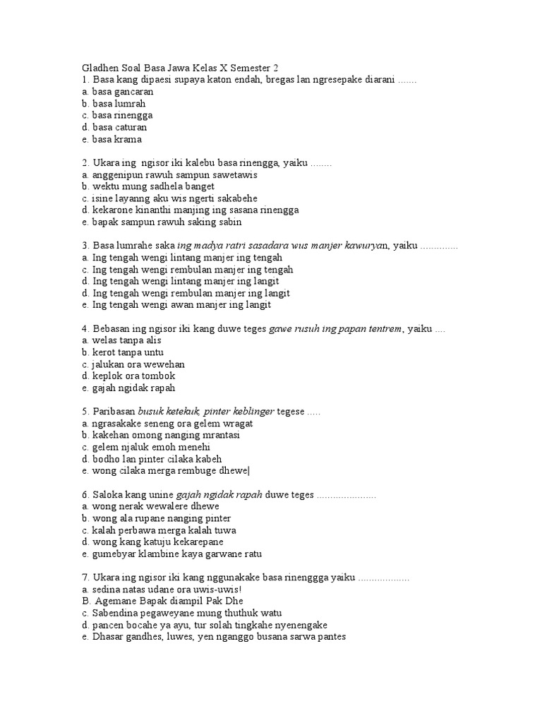 Soal basa jawa kelas 6 semester 2