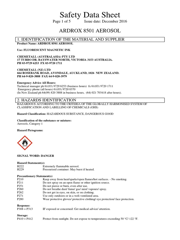 Safety Data Sheet for Ardrox 8501 Aerosol Detailed Hazard and Safety