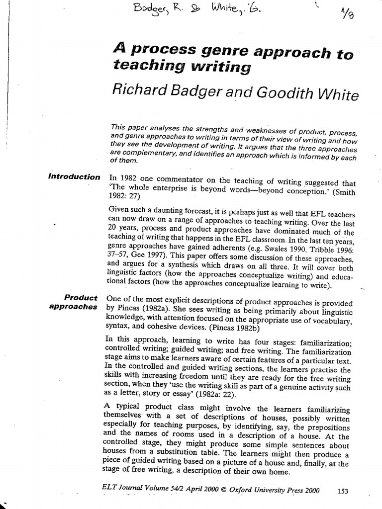 Badger R White G 1999 A Process Genre Approach To Teaching Writing | PDF