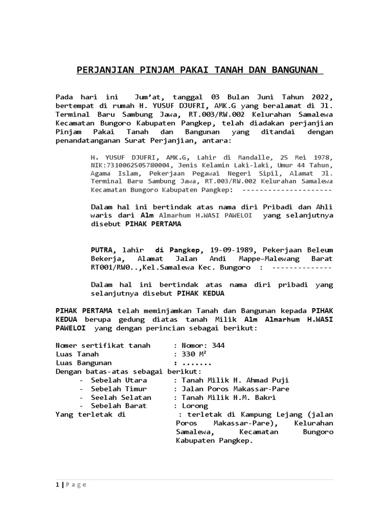 Perjanjian Pinjam Pakai Tanah Dan Bangunan | PDF
