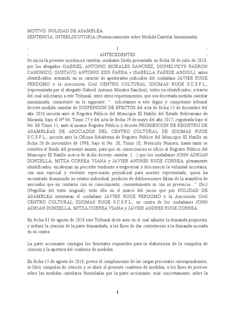 Sentencia Interlocutoria de Medidas Cautelares | PDF | Mandato | Ley común