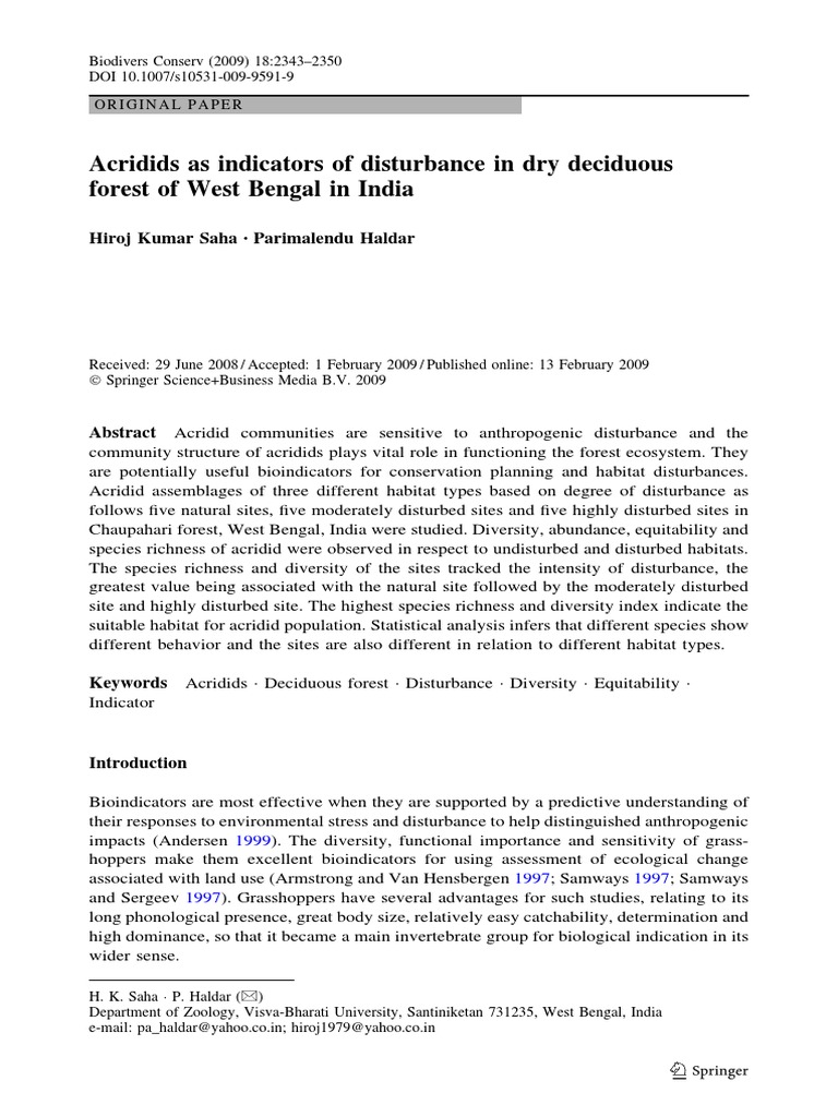 Acridids As Indicators of Disturbance in Dry Deciduous Forest of West ...
