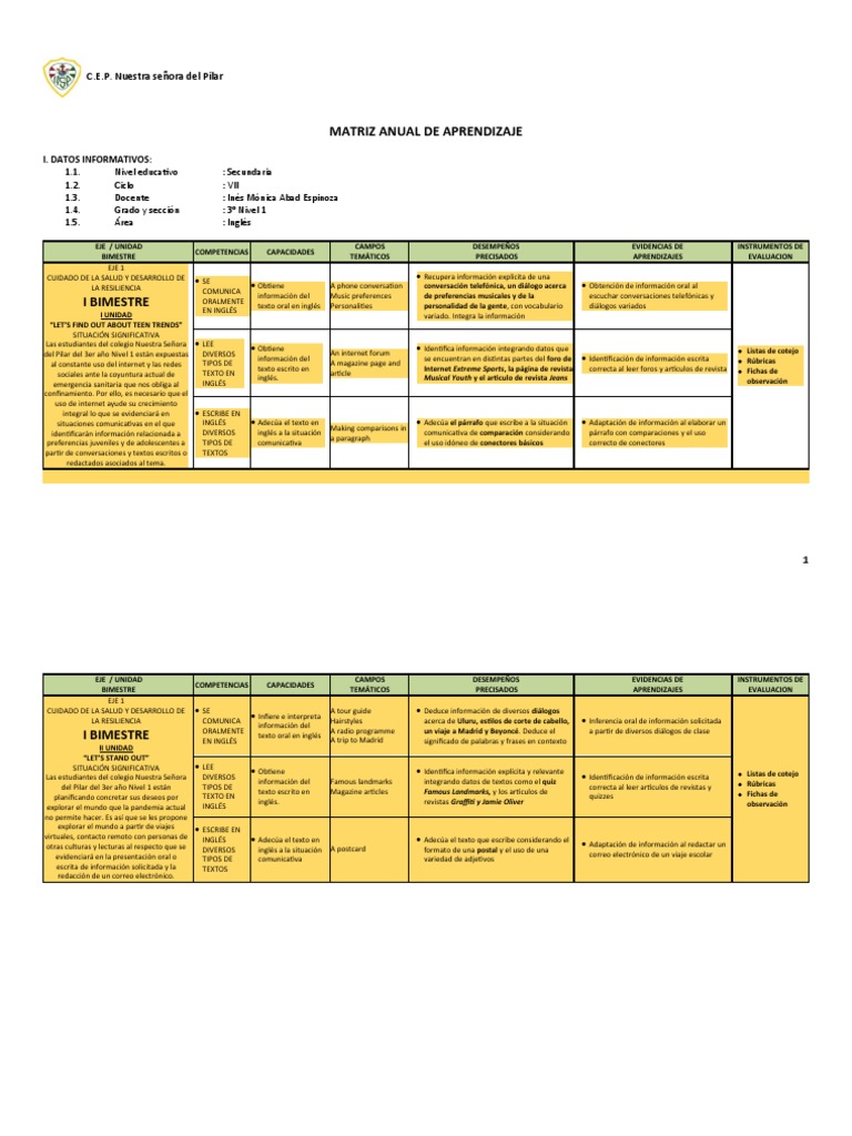 3 1 Inglés MATRIZ 2021 SECUNDARIA Prec PDF Evaluación
