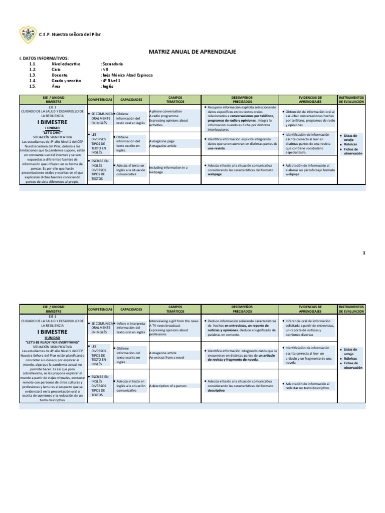 4 1 Inglés MATRIZ 2021 SECUNDARIA Prec PDF Evaluación