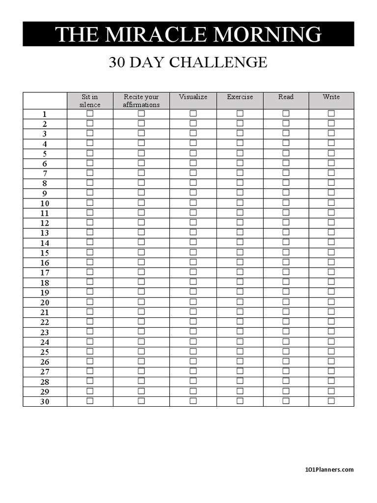 Miracle Morning 30 Day Challenge Worksheet