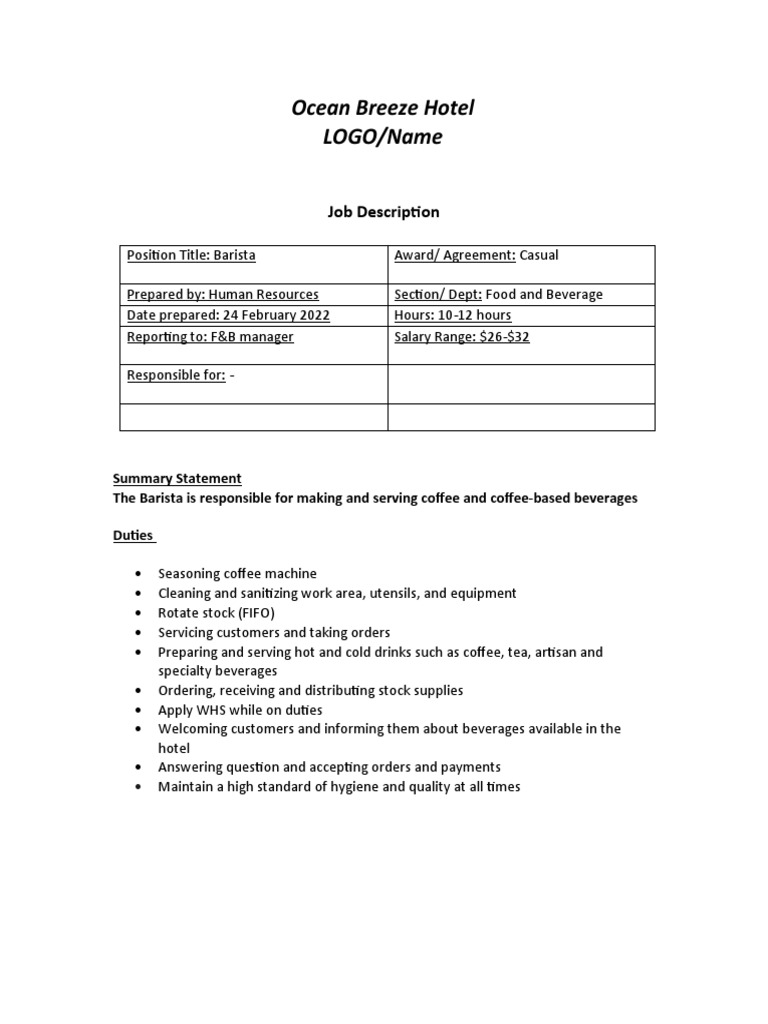 Job Description Barista PDF