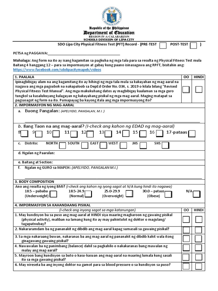 2022 2023 EDITABLE PDF Physical Fitness PFT Form For Learners | PDF