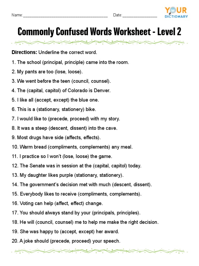 Commonly confused words worksheet level 2 PDF