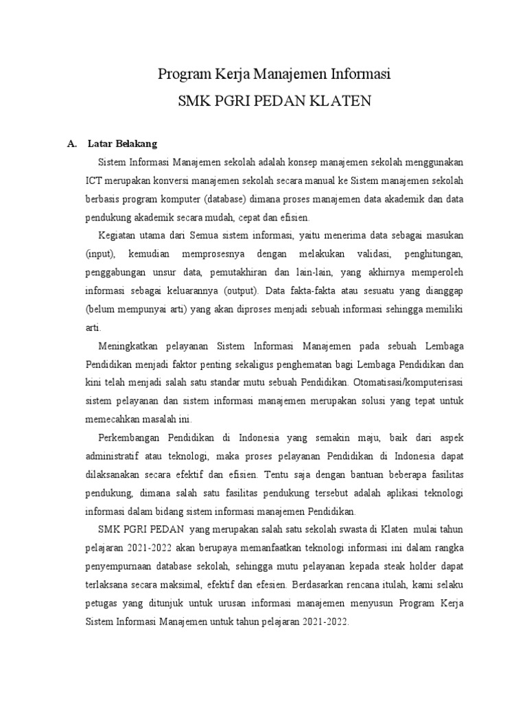 Program Kerja SIM SMK PGRI Pedan 2021 | PDF